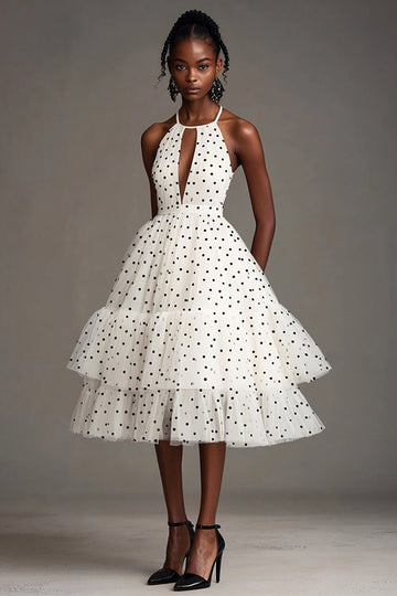White and Black A Line Tulle Tiered Midi Polka Dot Dress with Ruffles
